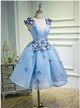 Picture of Cute Blue V-neckline Tulle Party Dresses, Homecoming Dress with Applique